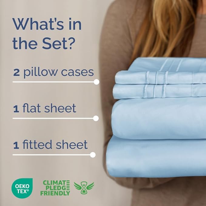 Full XL Size 4 Piece Sheet Set - Comfy Breathable & Cooling Bed Sheets Set - Hotel Luxury Bedding for Women, Men, Kids, Teens, Boys & Girls - Deep Pockets, Soft, Wrinkle Free - Oeko-Tex - Light Blue