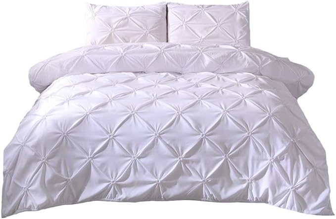 Feelyou King Duvet Cover Set Pinch Pleated Microfiber Polyester Bedding Sets Decorative Luxury Pintuck Tufted Pattern Comforter Cover with 2 Pillow Shams White, Solid Geometric 3Pcs