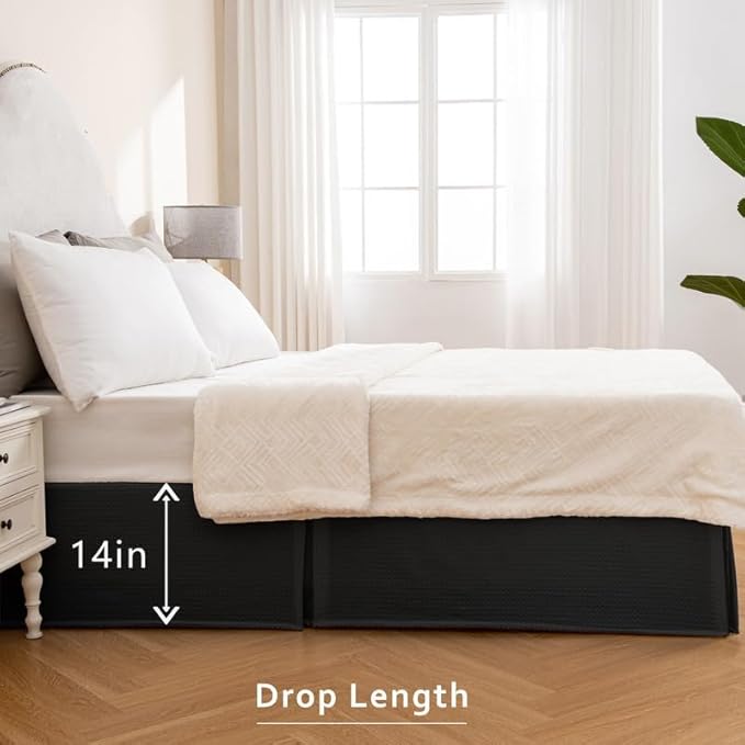 MIYE Pleated Waffle Weave Bed Skirt, Tailored Dust Ruffle 14 Inch Drop Easy Fit, Machine Washable (Black, Full - 14" Drop)