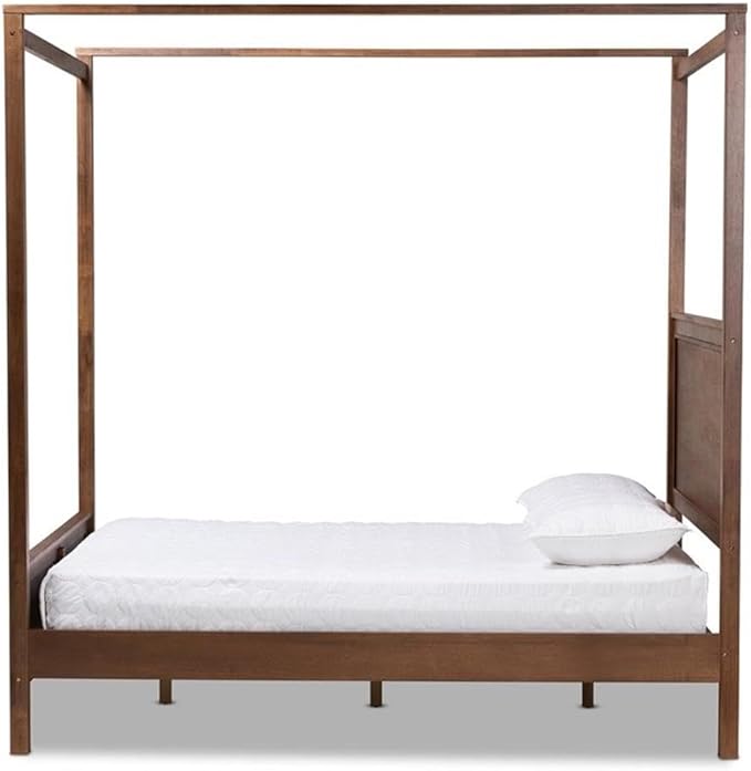 BOWERY HILL Queen Size Wood Platform Canopy Bed, Walnut Finish, Rubberwood and MDF Construction, Tall Beams for Drapes, Inset Paneling, 87.3 in Canopy Height, No Box Spring Needed, Bedroom Furniture