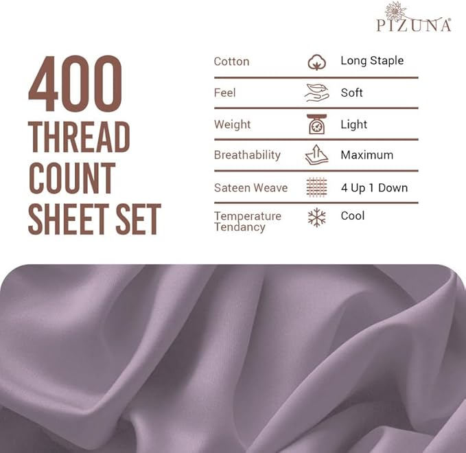 Pizuna Pure 100% Cotton Sheets Queen Size, Luxurious 400 Thread Count Long Staple Cotton Sateen Sheets Queen with 15" Deep Pocket (Combed Lavender Frost Cotton Sheets Queen)