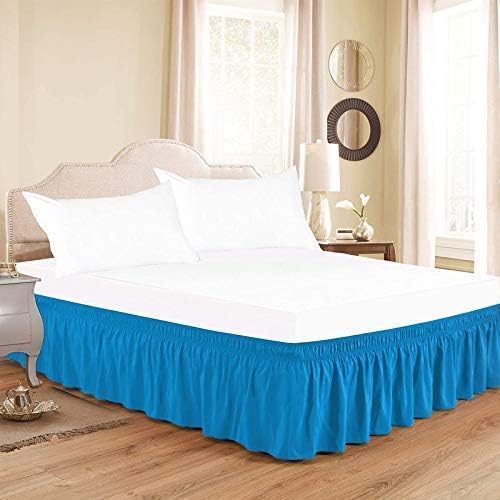 Wrap Around Bed Skirts Elastic Dust Ruffles, Easy Fit Wrinkle and Fade Resistant Silky Microfiber Fabric Solid Color Bedskirt, 12 Inch Tailored Drop Turquoise for Queen Size Bed Skirt