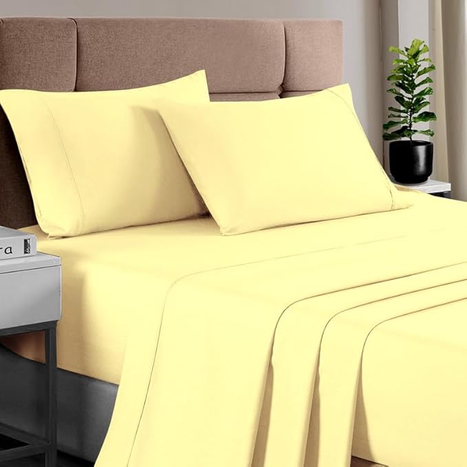 Pizuna Pure 100% Cotton Sheets Full Size, Luxurious 400 Thread Count Long Staple Cotton Sateen Sheets Full with 15inch Deep Pocket (Combed Mellow Yellow Cotton Sheet Set)
