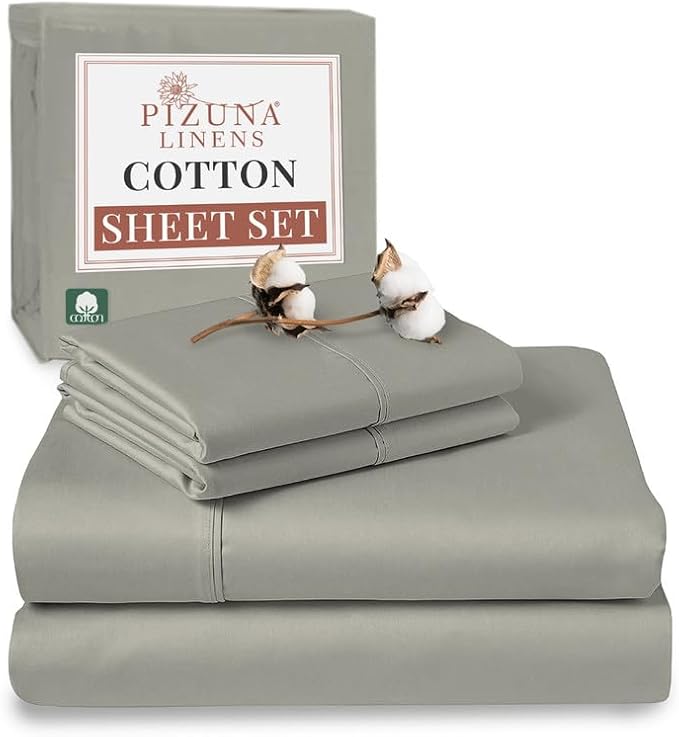 Pizuna Pure 100% Cotton Queen Size Sheet Set Silver, Luxurious 400 Thread Count Long Staple Cotton Sateen Sheets with 15" Deep 2 Extra Pillowcase (Combed Cotton Bed Sheet Set)