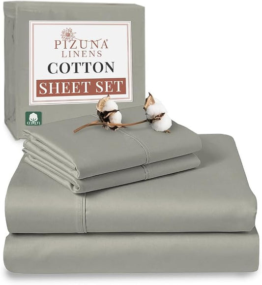 Pizuna Pure 100% Cotton Queen Size Sheet Set Silver, Luxurious 400 Thread Count Long Staple Cotton Sateen Sheets with 15" Deep 2 Extra Pillowcase (Combed Cotton Bed Sheet Set)