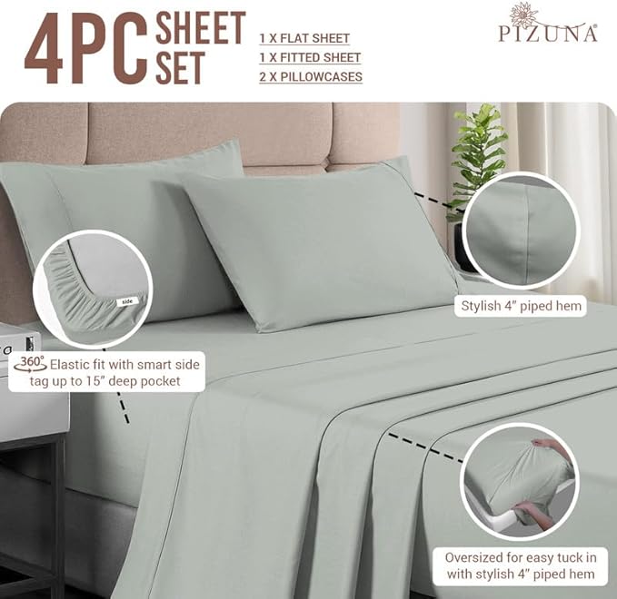 Pizuna Pure 100% Cotton Sheets Queen Size, Luxurious 400 Thread Count Long Staple Cotton Sateen Queen Sheets Set with 15" Deep Pocket (Combed Sea Foam Cotton Sheet Set)