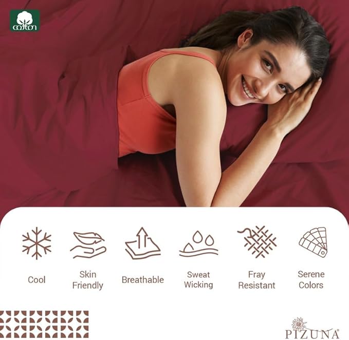Pizuna Pure 100% Cotton Sheets Full Size, Luxurious 400 Thread Count Long Staple Cotton Sateen Sheets Full with 15" Deep Pocket (Combed Rio Red Cotton Sheet)