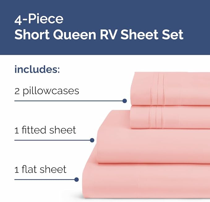 Short Queen RV Size 4 Piece Sheet Set - Comfy Breathable & Cooling Bed Sheets Set - Hotel Luxury Bedding for Women, Men, Kids, Teens, Boys & Girls - Deep Pockets & Ultra-Soft - Oeko-Tex - Baby Pink