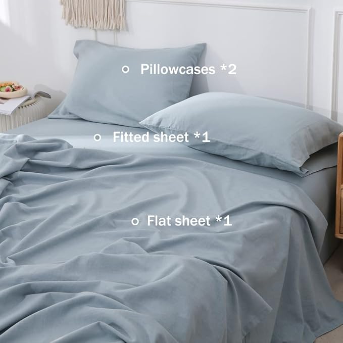 Simple&Opulence Belgian Linen Sheet Set Solid Color - 4 Pieces (1 Flat Sheet, 1 Fitted Sheet & 2 Pillowcases) Natural Flax Cotton Blend Soft Breathable Farmhouse Bedding - Queen Size, Dusty Blue