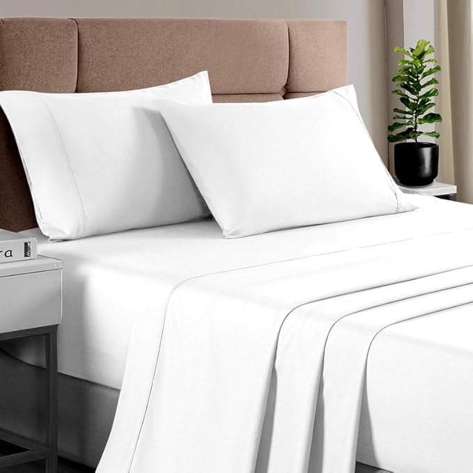 Pizuna Pure 100% Cotton Sheets Split King Size, Luxurious 400 Thread Count Long Staple Cotton Sateen Sheets with 15" Deep Pocket (Combed White Sheet Split King)