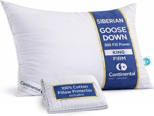 Continental Bedding Siberian Goose Down Pillow 800 Fill Power White Goose Down 400 Thread Count 100% Cotton Shell Soft Medium Firm Loft Options Handcrafted in USA