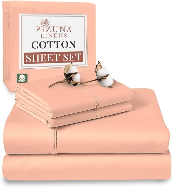 Pizuna Pure 100% Cotton Sheets RV King Size, Luxurious 400 Thread Count Long Staple Cotton Sateen Sheets RV King with 15inch Deep Pocket (Coral Pink)