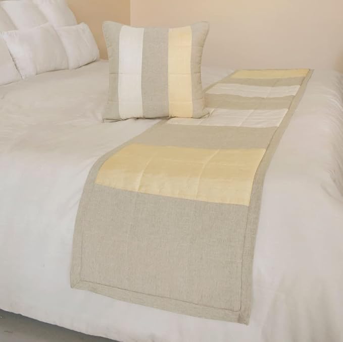 The HomeCentric King/Queen/Twin Beige Decorative King 90"x18" Bed Runner with 2 Pillow Cover, Color Block, Patchwork, Quilted, Silk, Linen & Striped Bed Scarf on Linen & Silk Fabric - Alikka