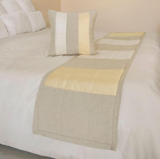 The HomeCentric King/Queen/Twin Beige Decorative Full 68"x18" Bed Runner with Pillow Cover, Color Block, Patchwork, Quilted, Silk, Linen & Striped Bed Scarf on Linen & Silk Fabric - Alikka