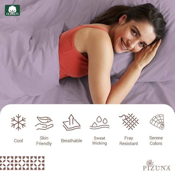 Pizuna Pure 100% Cotton Sheets Queen Size, Luxurious 400 Thread Count Long Staple Cotton Sateen Sheets Queen with 15" Deep Pocket (Combed Lavender Frost Cotton Sheets Queen)