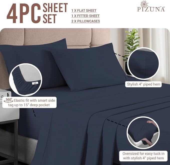 Pizuna Pure 100% Cotton Sheets Queen Size, Luxurious 400 Thread Count Long Staple Cotton Sateen Sheets Queen with 15inch Deep Pocket (Combed Dark Blue Cotton Sheets Queen)