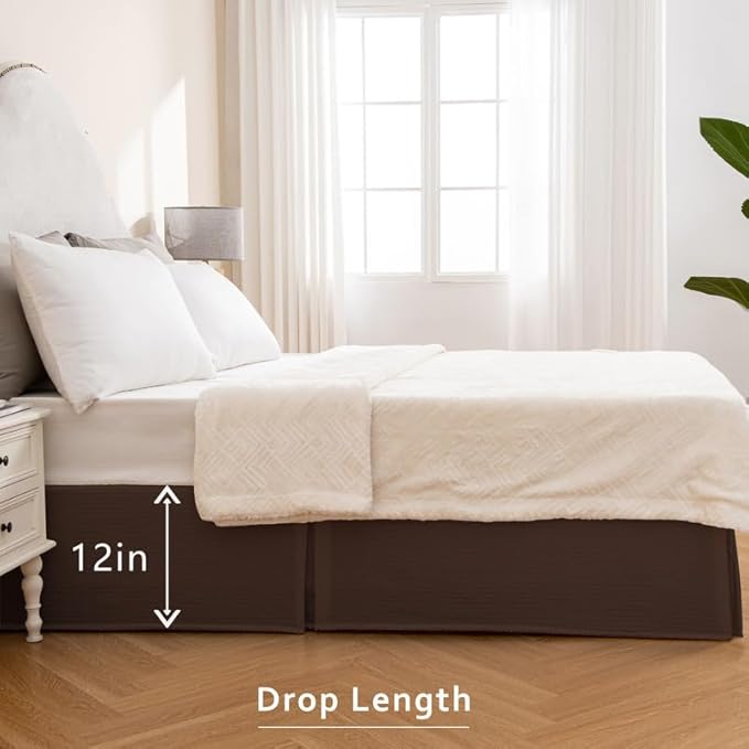 MIYE Pleated Waffle Weave Bed Skirt, Tailored Dust Ruffle 12 Inch Drop Easy Fit, Machine Washable (Brown, Twin - 12" Drop)