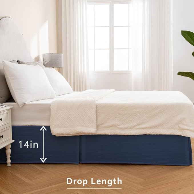 MIYE Pleated Waffle Weave Bed Skirt, Tailored Dust Ruffle 14 Inch Drop Easy Fit, Machine Washable (Navy Blue, Twin - 14" Drop)