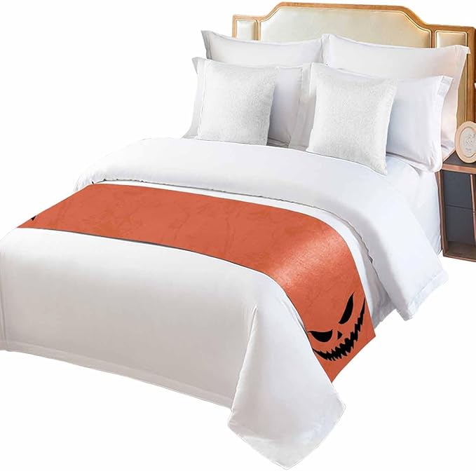Halloween Black Ghost Scary Face Bed Runners for Bedroom Hotel,Decorative Bedding Scarf Horror Element on Orange Bed End Blanket Bedding Runner Scarves for King Size Bed,102x20in