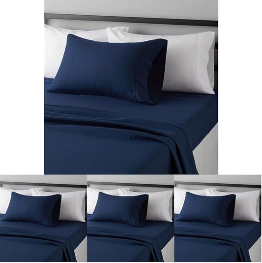 Amazon Basics Lightweight Super Soft Wrinkle-Free Breathable Brushed Microfiber 3-Piece Fitted Sheet Set with 14-Inch Deep Pockets,Twin XL,Navy Blue,Solid,(Pack of 4)