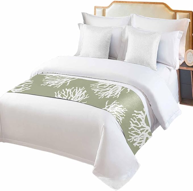 Coral Sage Green Bed Runner Scarf for Twin Size Bed Foot,Decorative Bedding Accessory Stainproof & Dustproof Soft Protector For Bedroom Wedding Room Coastal White Ocean Marine Nautical Beach 71"x20"