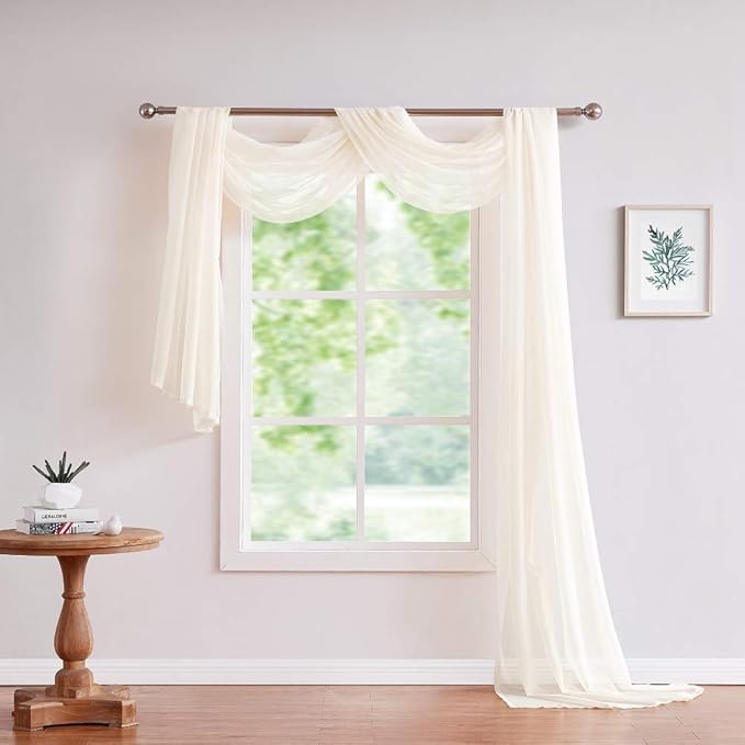 Long Length 56" (W) x 216" (L) Light Beige Sheer Window Scarf. Voile Window Treatments are Perfect As Valance Scarves, Canopy Bed Scarf Or Wedding Decoration. AMA 56" x 216" Beige