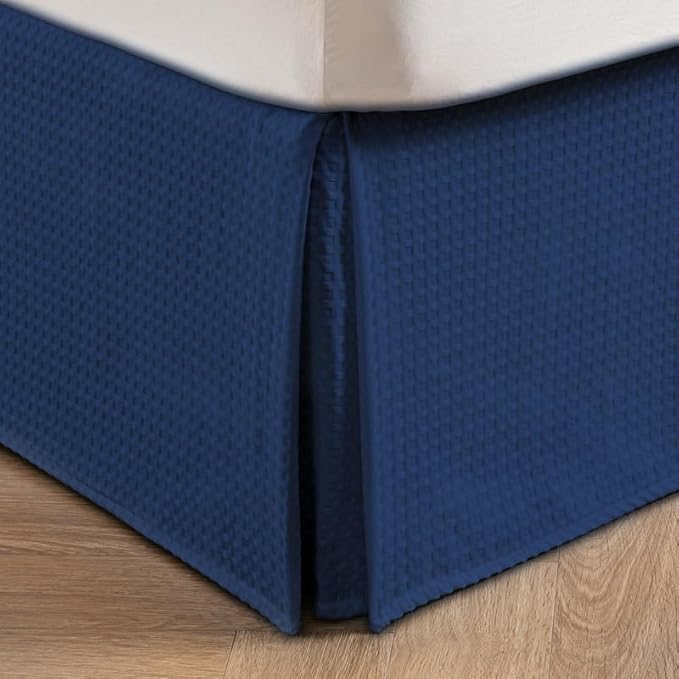 MIYE Pleated Waffle Weave Bed Skirt, Tailored Dust Ruffle 12 Inch Drop Easy Fit, Machine Washable (Navy Blue, King - 12" Drop)