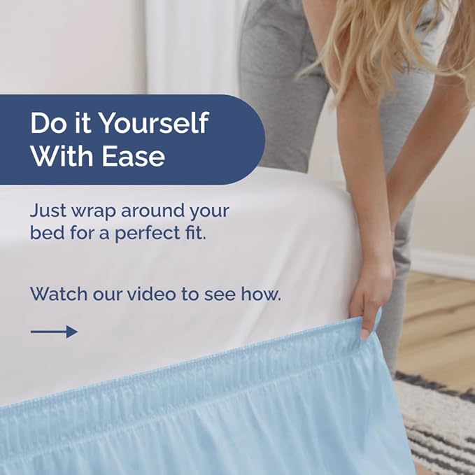 Wrap Around Dust Ruffle Bed Skirt - Light Blue - for Full Size Beds with 24 Inch Drop - Elastic Strap - Adjustable Pleated Bedskirt with Brushed Fabric and Wrinkle Free - for Women, Men, Kids & Teens