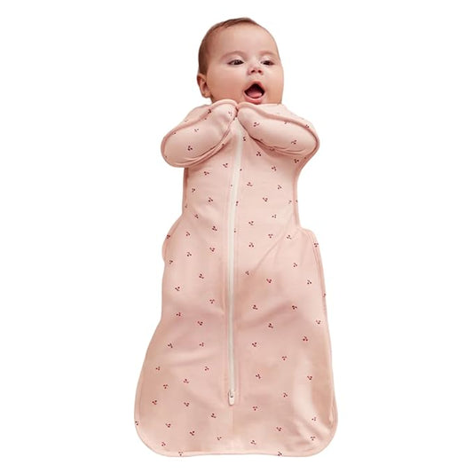 Love to Dream Swaddle Up Bamboo, Arms Up Position, Soft and Luxurious 100% Viscose from Bamboo - Wearable Blanket - 1.0 TOG - (20-24°C) Ideal for Moderate Temps (Cherries Blush, Small, 3.5–6kg)