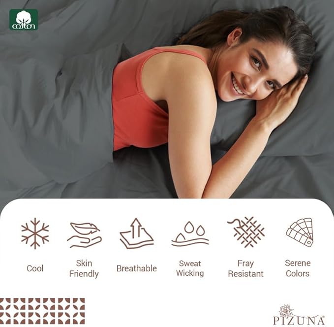 Pizuna Pure 100% Cotton Sheets King Size, Luxurious 400 Thread Count Long Staple Cotton Sateen King Sheets Set with 15inch Deep Pocket (Combed Dark Grey Cotton Sheet Set)