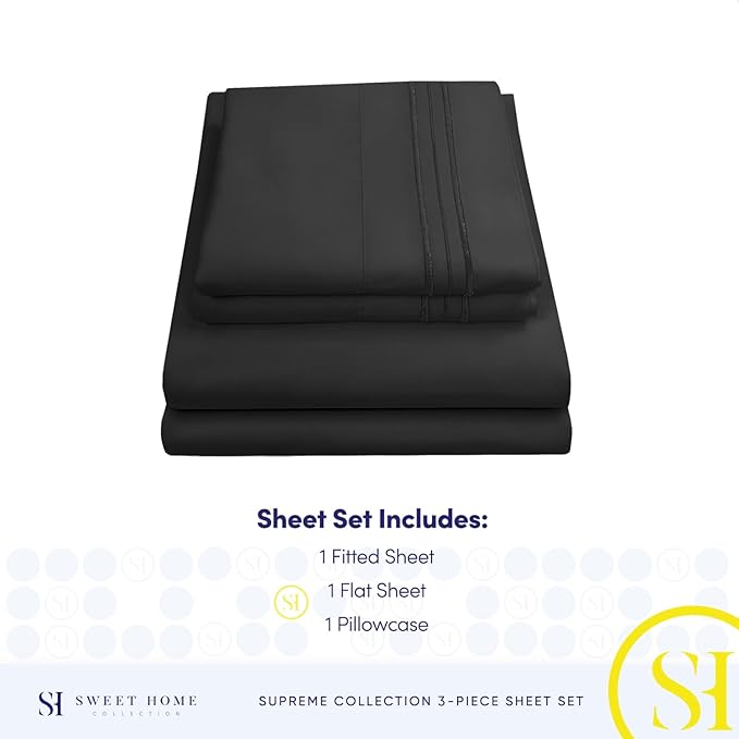 Twin XL Sheets - Breathable Luxury Sheets with Full Elastic & Secure Corner Straps Built In - 1800 Supreme Collection Extra Soft Deep Pocket Bedding Set, Sheet Set, Twin XL, Black