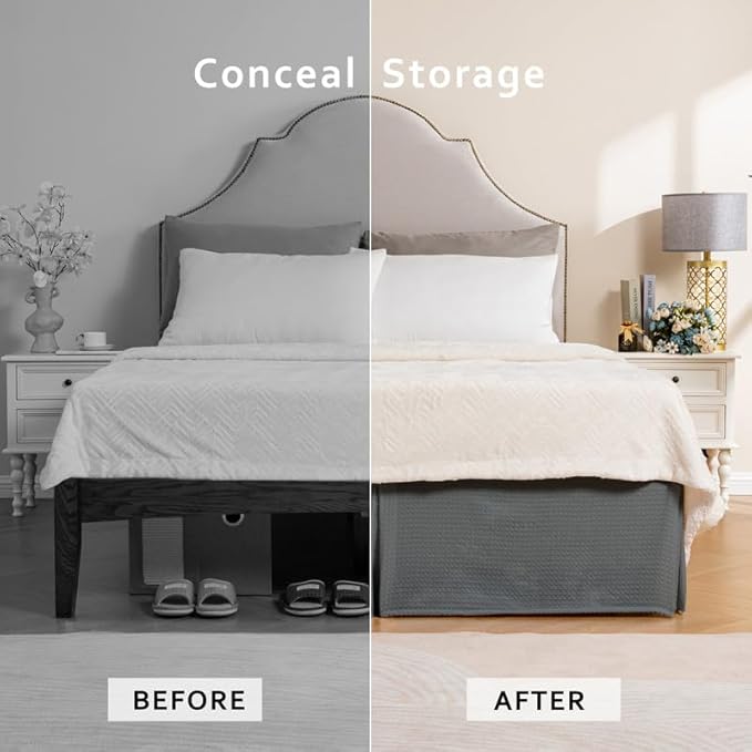 MIYE Pleated Waffle Weave Bed Skirt, Tailored Dust Ruffle 16 Inch Drop Easy Fit, Machine Washable (Dark Grey, King - 16" Drop)