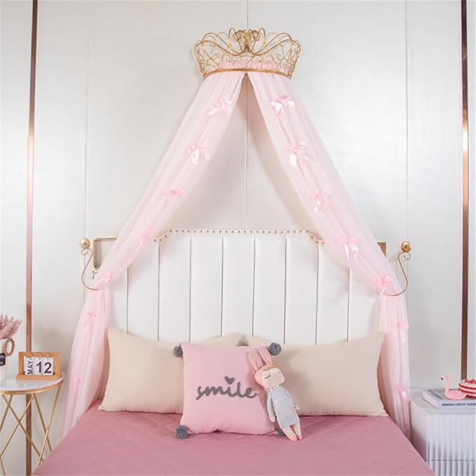 Lotus Karen Princess Bed Canopy Chiffon Girls Bed Curtain Decorative Drapery Metal Crown for Girls Cute Pink Bow-Knots Kids Bedding