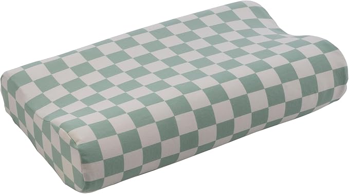 Tiny Twinkle Toddler Pillow with Fitted Pillowcase | Ergonomic Shape with Resilient, Cloud-Like Memory Foam for Comfortable Sleeping | Kids Travel Pillows (Sage Checkers)