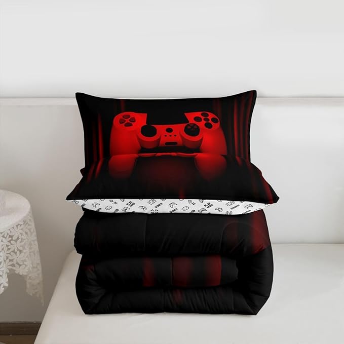 Feelyou Boys Gamer Comforter Set - Toddler Size Gaming Bedding Set for Kids & Teens - Super Soft Red & Black Bed Set with Geometric Duvet & Quilted Gamer Gift