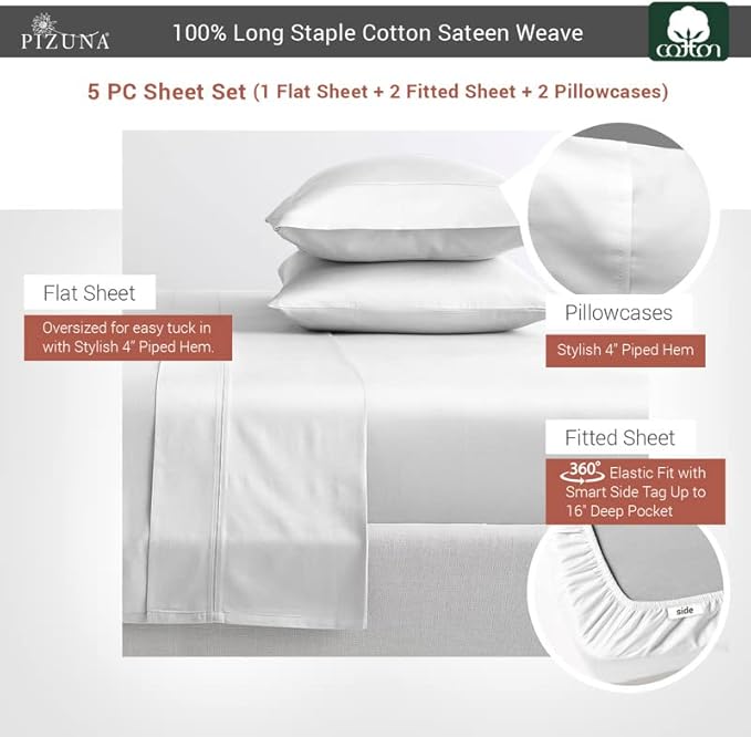 Pizuna Pure 100% Cotton Sheets Split King Size, Luxurious 400 Thread Count Long Staple Cotton Sateen Sheets with 15" Deep Pocket (Combed White Sheet Split King)