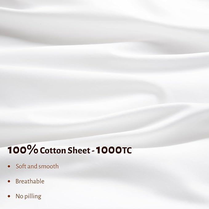 Shilucheng 100% Egyptian Cotton Sheets Set - 1000 Thread Count，Luxury Cotton Bed Sheets，Breathable & Cooling Bedding and Pillow Cases, 16 Inch Deep Pocket - 4 Piece (White, Full)