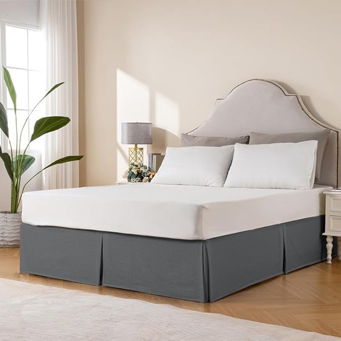 MIYE Pleated Waffle Weave Bed Skirt, Tailored Dust Ruffle 18 Inch Drop Easy Fit, Machine Washable (Dark Grey, Twin - 18" Drop)
