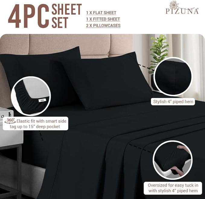 Pizuna Pure 100% Cotton Sheets Queen Size, Luxurious 400 Thread Count Long Staple Cotton Sateen Sheets with 15inch Deep Pocket (Combed Black Cotton Queen Sheet Set)