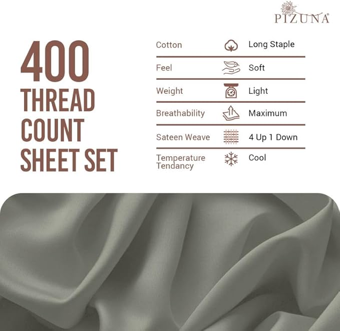 Pizuna Pure 100% Cotton Queen Size Sheet Set Silver, Luxurious 400 Thread Count Long Staple Cotton Sateen Sheets with 15" Deep 2 Extra Pillowcase (Combed Cotton Bed Sheet Set)