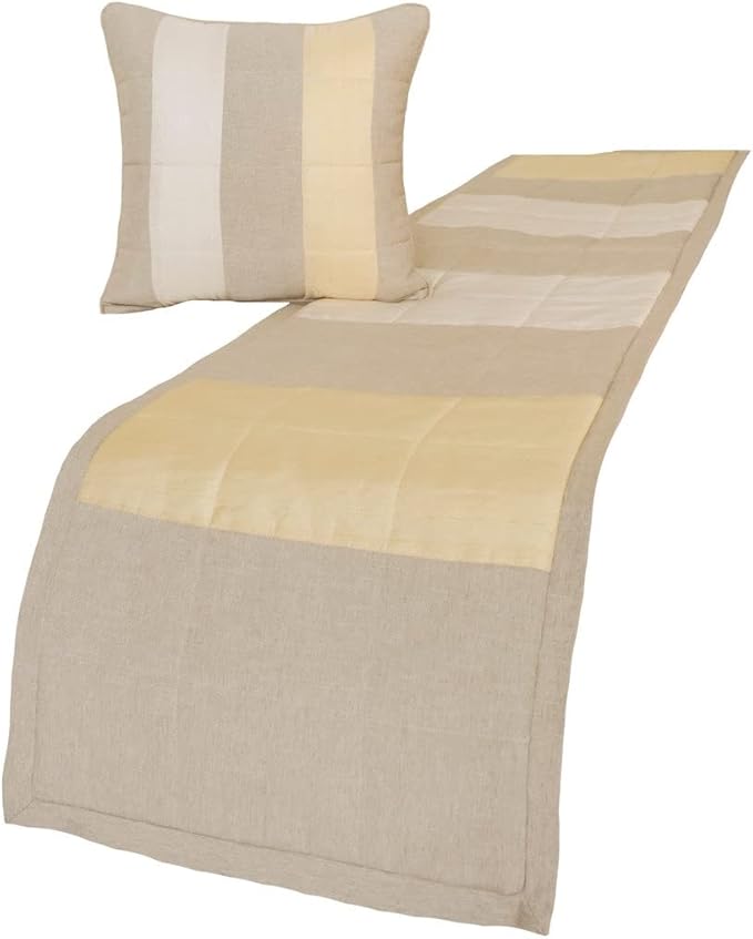The HomeCentric King/Queen/Twin Beige Decorative Twin 53"x18" Bed Runner with Pillow Cover, Color Block, Patchwork, Quilted, Silk, Linen & Striped Bed Scarf on Linen & Silk Fabric - Alikka