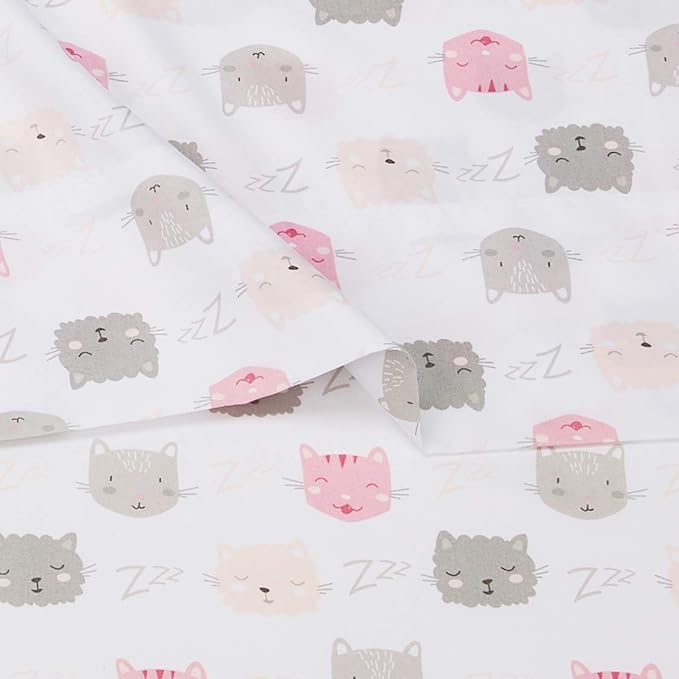 Amazon Basics Kid's Soft,Easy-Wash Microfiber 3-Piece Sheet Set,Twin,Peony Pink Kitties,Animal Print,(Pack of 4)