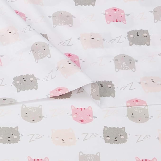 Amazon Basics Kid's Soft Easy-Wash Lightweight Microfiber 3-Piece Sheet Set, Toddler, Pink Kitties