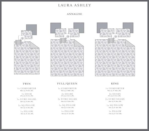 Laura Ashley Home - Queen Comforter Set, Reversible Cotton Bedding, Includes Matching Shams with Bonus Euro Shams & Throw Pillows (Annalise Grey, Queen)