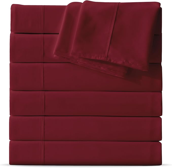Maple&Stone Queen Flat Sheet 6 Pack,Premium Soft & Breathable,Brushed Microfiber Fabric,Anti-Shrinkage & Non-Fading,Bulk Flat Sheets Only Queen Size (Burgundy)