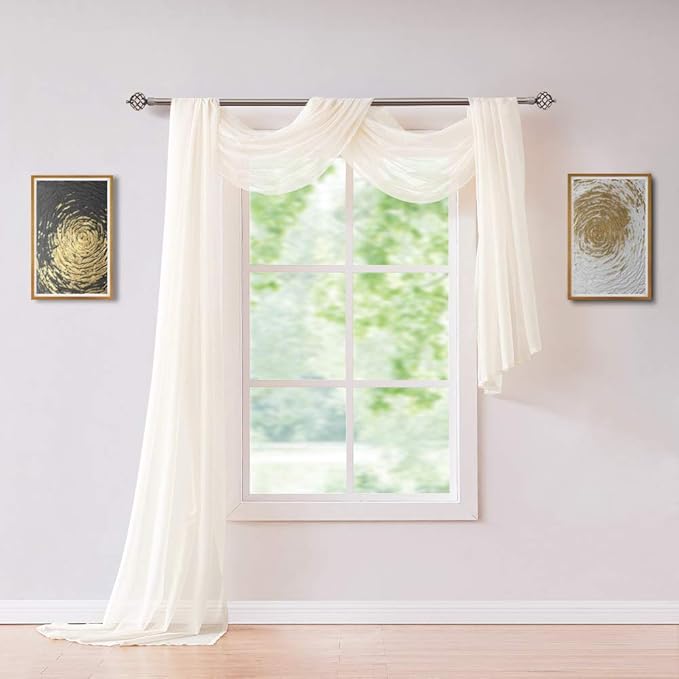 Long Length 56" (W) x 216" (L) Light Beige Sheer Window Scarf. Voile Window Treatments are Perfect As Valance Scarves, Canopy Bed Scarf Or Wedding Decoration. AMA 56" x 216" Beige