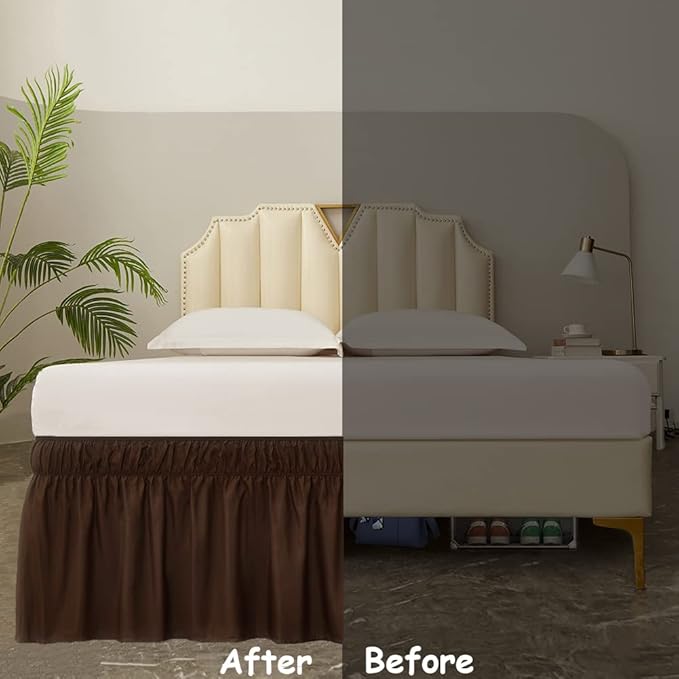 MEILA Wrap Around Bed Skirt Three Fabric Sides Elastic Dust Ruffled 24 Inch Tailored Drop,Easy to Install Fade Resistant-Brown, Twin/Full