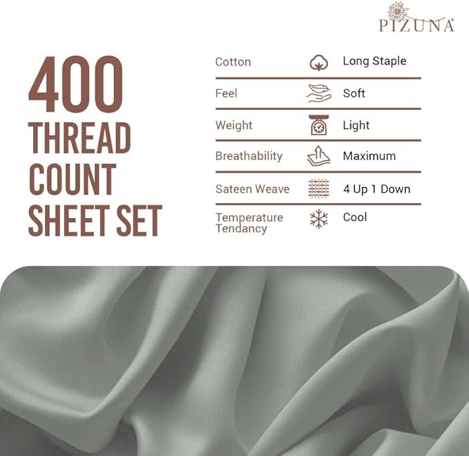 Pizuna Pure 100% Cotton Sheets Queen Size, Luxurious 400 Thread Count Long Staple Cotton Sateen Queen Sheets Set with 15" Deep Pocket (Combed Sea Foam Cotton Sheet Set)