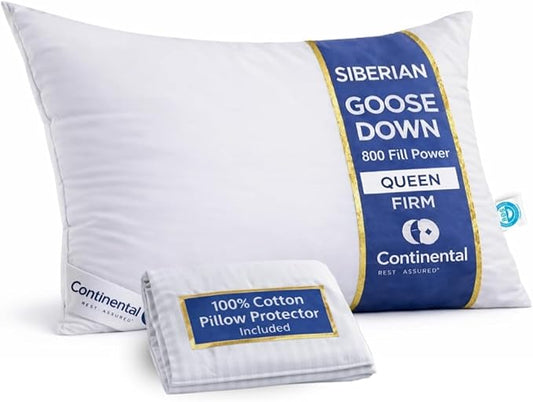 Continental Bedding Siberian Goose Down Pillow 800 Fill Power White Goose Down 400 Thread Count 100% Cotton Shell Soft Medium Firm Loft Options Handcrafted in USA