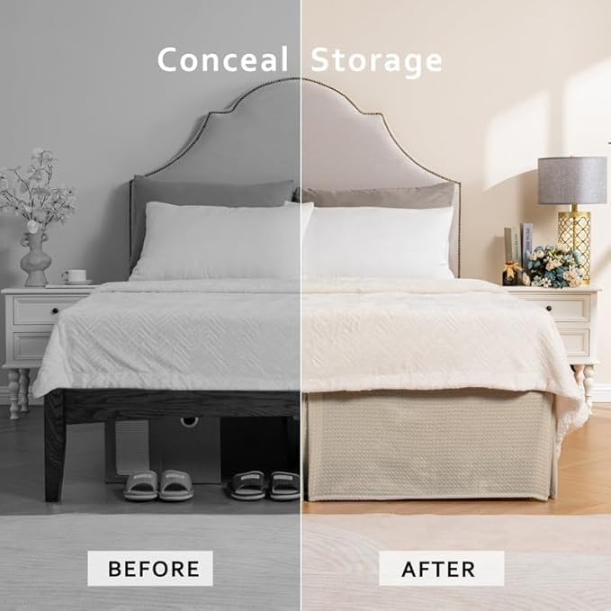 MIYE Pleated Waffle Weave Bed Skirt, Tailored Dust Ruffle 18 Inch Drop Easy Fit, Machine Washable,No Split Corners (Beige,Cal King - 18" Drop)